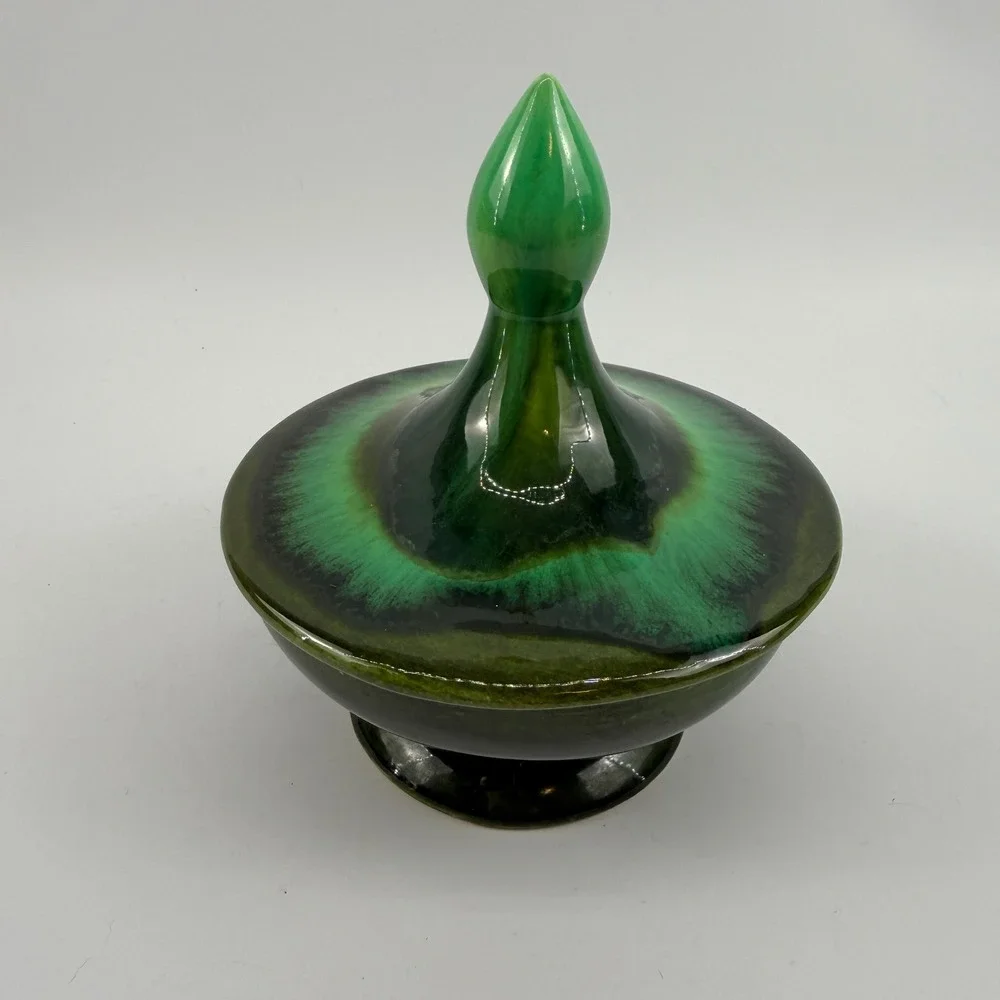 DeForest of California Green Drip Glaze Covered Pedestal Candy Dish w Lid
